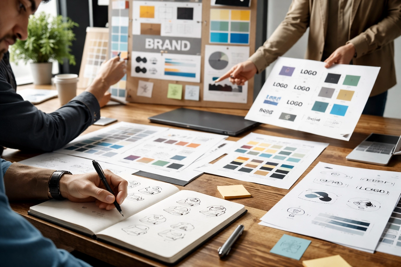 Equipo trabajando en identidad de marca con moodboards, tipografías y bocetos sobre mesa de trabajo