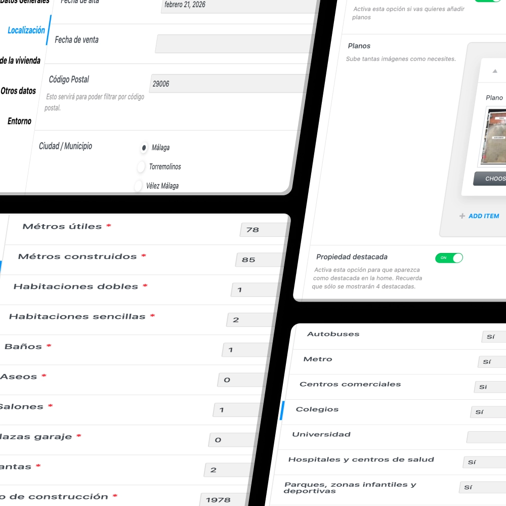 Montaje con pantallazos del sistema de gestión de la web tu inmobiliaria en Málaga