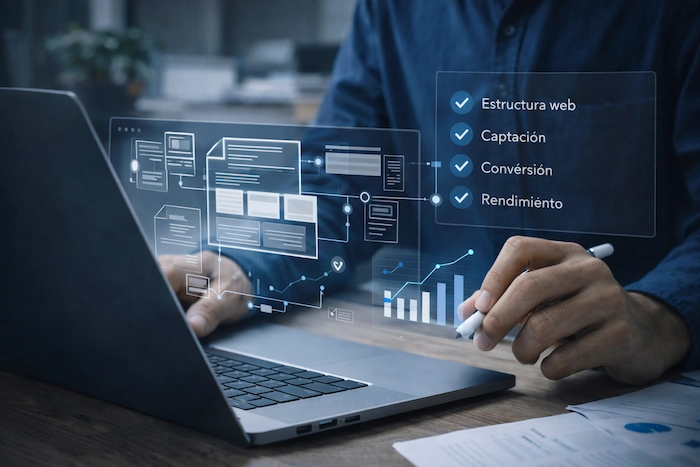 Manos y torso de un hombre frente a un ordenador y en el aire se ven gráficos y un cheklisst que representa una revisión web previa al mantenimiento web wordpress