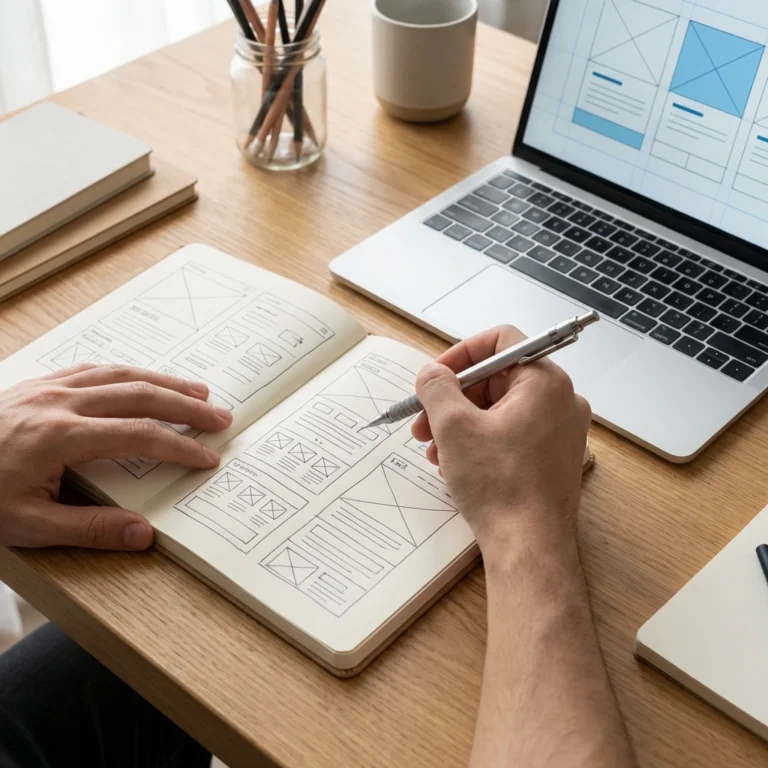 Primer plano de unas manos apuntando en una libreta el wireframe de una web frente a un ordenadro que tambié tiene en la pantalla un wirefrema como parte del proceso de la creación de una web profesional a medida