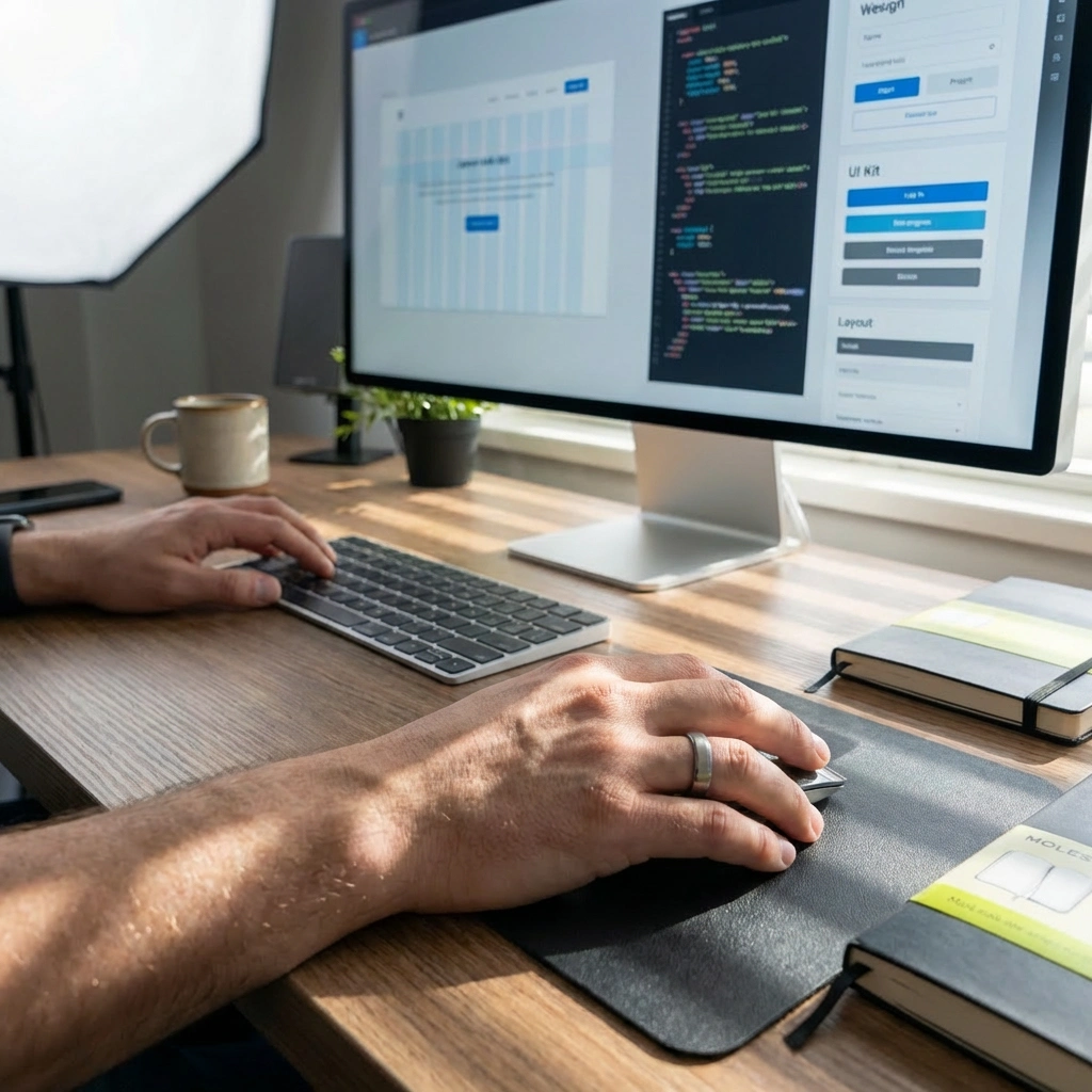 Ptimer plano de una pantallaz donde se ve el proceso de pasar de diseño a desarrollo como parte del proceso de la creación de una web profesional a medida